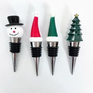 Wine Bottle Stoppers Holiday Christmas 2 Santa Hats Christmas Tree & Snowman 4